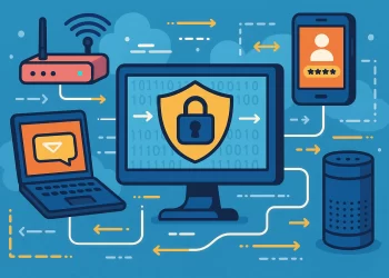 Ilustração estilo cartoon geek mostrando dispositivos conectados à internet com ícones de segurança digital e troca de dados