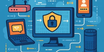 Ilustração estilo cartoon geek mostrando dispositivos conectados à internet com ícones de segurança digital e troca de dados