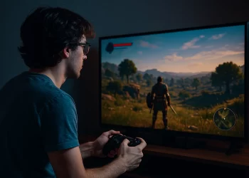 Jovem gamer com camiseta azul jogando RPG de mundo aberto em uma TV, imerso em um cenário de fantasia com personagem medieval na tela.