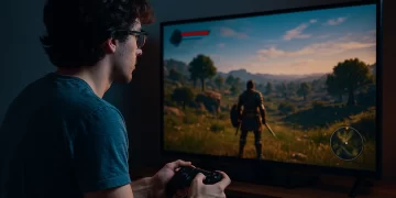 Jovem gamer com camiseta azul jogando RPG de mundo aberto em uma TV, imerso em um cenário de fantasia com personagem medieval na tela.