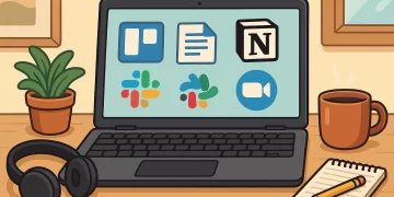 Ilustração cartoon de home office com notebook exibindo apps de produtividade e acessórios de trabalho sobre a mesa