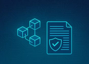 Ilustração geek mostrando blocos de blockchain conectados a um documento digital com escudo de verificação, representando os benefícios da tecnologia blockchain para autenticação de documentos