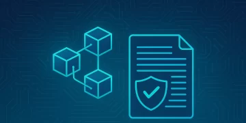 Ilustração geek mostrando blocos de blockchain conectados a um documento digital com escudo de verificação, representando os benefícios da tecnologia blockchain para autenticação de documentos