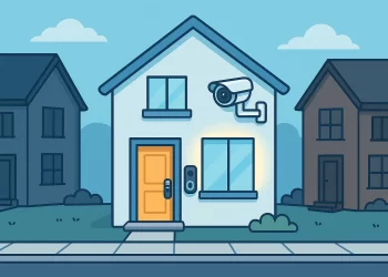 Ilustração de três casas em uma rua; a casa central iluminada e equipada com câmera de segurança, campainha inteligente e fechadura digital destacando o uso de IoT na segurança residencial.