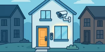 Ilustração de três casas em uma rua; a casa central iluminada e equipada com câmera de segurança, campainha inteligente e fechadura digital destacando o uso de IoT na segurança residencial.