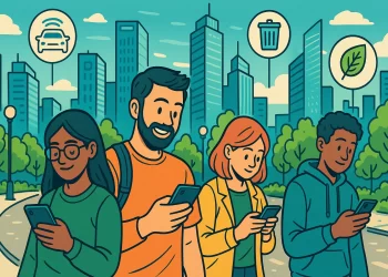 Ilustração geek de uma cidade inteligente com pessoas na rua usando o celular, rodeadas por elementos tecnológicos e prédios modernos ao fundo