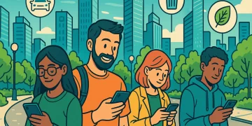 Ilustração geek de uma cidade inteligente com pessoas na rua usando o celular, rodeadas por elementos tecnológicos e prédios modernos ao fundo