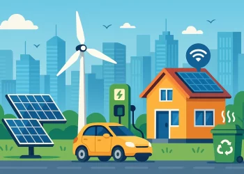 Ilustração em estilo cartoon de uma cidade moderna e sustentável, com painéis solares, turbina eólica, carro elétrico, casa inteligente e lixeira ecológica integrados ao ambiente urbano