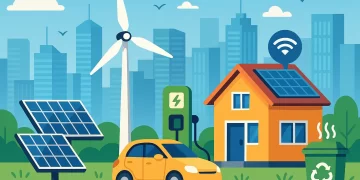 Ilustração em estilo cartoon de uma cidade moderna e sustentável, com painéis solares, turbina eólica, carro elétrico, casa inteligente e lixeira ecológica integrados ao ambiente urbano