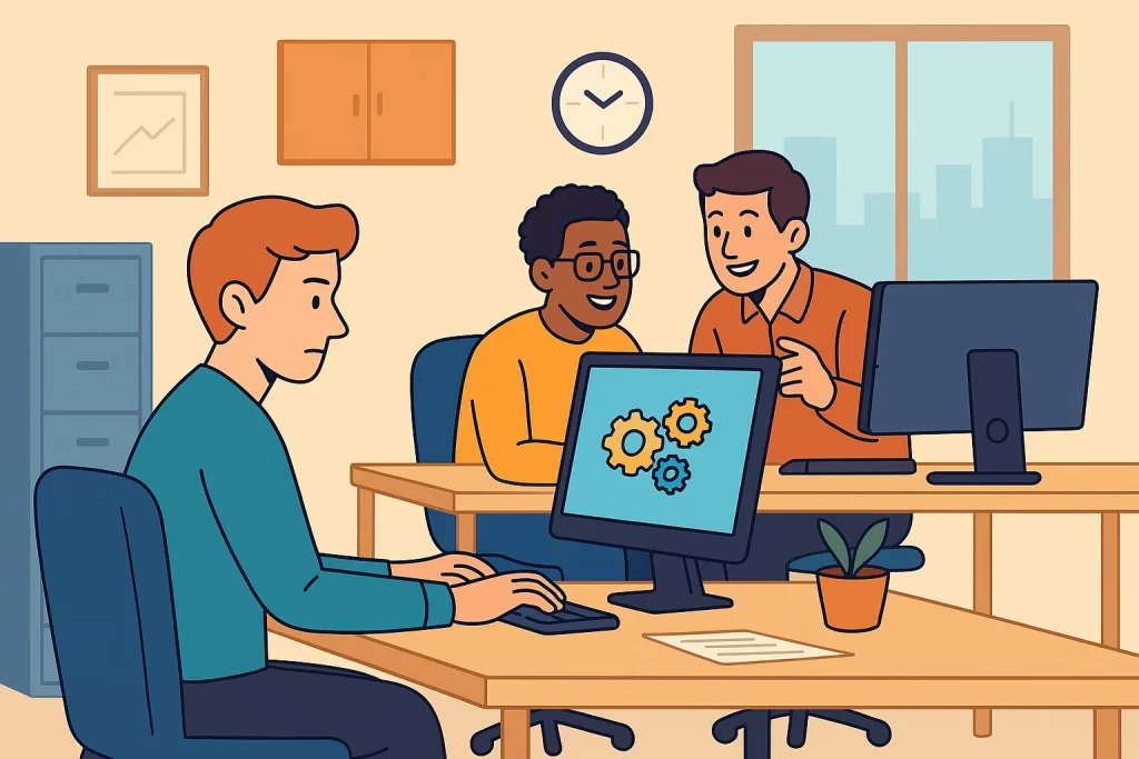 Equipe de escritório utilizando ferramentas de automação acessíveis para pequenas empresas em 2025, colaborando e trabalhando em frente aos computadores
