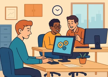 Equipe de escritório utilizando ferramentas de automação acessíveis para pequenas empresas em 2025, colaborando e trabalhando em frente aos computadores