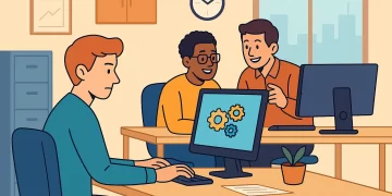 Equipe de escritório utilizando ferramentas de automação acessíveis para pequenas empresas em 2025, colaborando e trabalhando em frente aos computadores