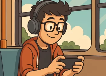 Geek jogando no celular dentro de um ônibus, estilo cartoon, sentado em um banco enquanto se diverte com um jogo offline durante o trajeto