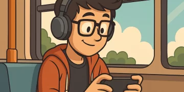 Geek jogando no celular dentro de um ônibus, estilo cartoon, sentado em um banco enquanto se diverte com um jogo offline durante o trajeto