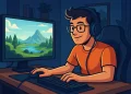 Geek jogando um jogo de mundo aberto no computador em um quarto aconchegante, usando fones de ouvido e imerso na experiência em 2025