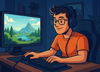 Geek jogando um jogo de mundo aberto no computador em um quarto aconchegante, usando fones de ouvido e imerso na experiência em 2025
