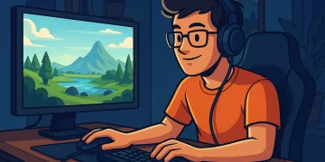 Geek jogando um jogo de mundo aberto no computador em um quarto aconchegante, usando fones de ouvido e imerso na experiência em 2025