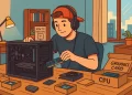 Jovem montando um PC gamer barato para rodar jogos atuais em 2025, com peças espalhadas sobre a mesa e caixas de hardware ao redor