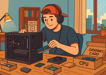 Jovem montando um PC gamer barato para rodar jogos atuais em 2025, com peças espalhadas sobre a mesa e caixas de hardware ao redor