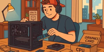 Jovem montando um PC gamer barato para rodar jogos atuais em 2025, com peças espalhadas sobre a mesa e caixas de hardware ao redor