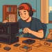 Jovem montando um PC gamer barato para rodar jogos atuais em 2025, com peças espalhadas sobre a mesa e caixas de hardware ao redor