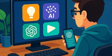 Ilustração estilo geek mostrando um jovem em frente a um computador com ícones de IA na tela e celular com app de chat aberto, em um ambiente moderno de trabalho.