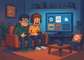 Ilustração cartoon com dois geeks jogando videogame em uma sala moderna, representando o universo dos jogos indie em 2025