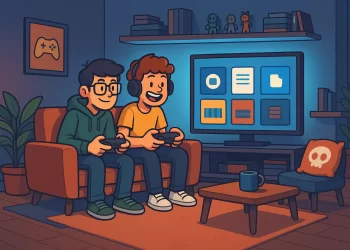 Ilustração cartoon com dois geeks jogando videogame em uma sala moderna, representando o universo dos jogos indie em 2025
