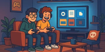 Ilustração cartoon com dois geeks jogando videogame em uma sala moderna, representando o universo dos jogos indie em 2025