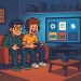 Ilustração cartoon com dois geeks jogando videogame em uma sala moderna, representando o universo dos jogos indie em 2025