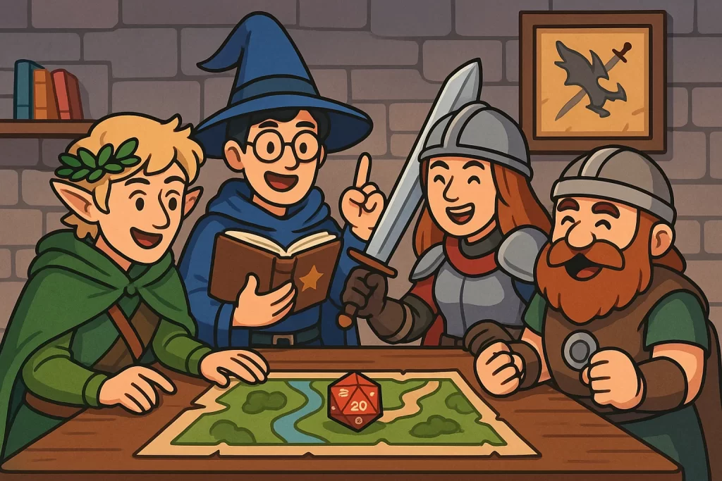 Ilustração cartoon com quatro geeks fantasiados como personagens de RPG de fantasia jogando RPG de mesa em uma sala temática medieval