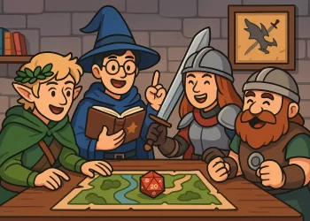 Ilustração cartoon com quatro geeks fantasiados como personagens de RPG de fantasia jogando RPG de mesa em uma sala temática medieval