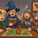 Ilustração cartoon com quatro geeks fantasiados como personagens de RPG de fantasia jogando RPG de mesa em uma sala temática medieval