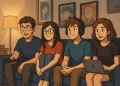 Grupo de jovens geeks assistindo anime em uma sala aconchegante com decoração temática de cultura pop e tecnologia