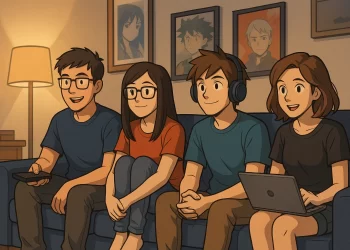 Grupo de jovens geeks assistindo anime em uma sala aconchegante com decoração temática de cultura pop e tecnologia