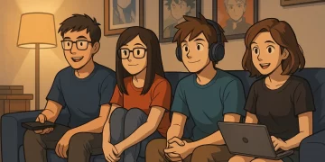 Grupo de jovens geeks assistindo anime em uma sala aconchegante com decoração temática de cultura pop e tecnologia