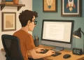 Ilustração de um home office moderno e estiloso em um espaço pequeno, com um geek sentado em uma cadeira ergonômica trabalhando em um computador all-in-one. A mesa possui um abajur, relógio digital e porta-objetos, e o ambiente é decorado com quadros nas paredes e um tapete no chão, criando um espaço funcional e criativo