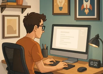 Ilustração de um home office moderno e estiloso em um espaço pequeno, com um geek sentado em uma cadeira ergonômica trabalhando em um computador all-in-one. A mesa possui um abajur, relógio digital e porta-objetos, e o ambiente é decorado com quadros nas paredes e um tapete no chão, criando um espaço funcional e criativo