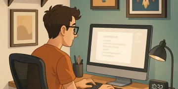Ilustração de um home office moderno e estiloso em um espaço pequeno, com um geek sentado em uma cadeira ergonômica trabalhando em um computador all-in-one. A mesa possui um abajur, relógio digital e porta-objetos, e o ambiente é decorado com quadros nas paredes e um tapete no chão, criando um espaço funcional e criativo
