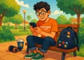 Geek lendo webtoons no celular em uma praça ensolarada, sorrindo e aproveitando o momento com mochila e fones ao lado