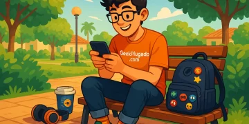 Geek lendo webtoons no celular em uma praça ensolarada, sorrindo e aproveitando o momento com mochila e fones ao lado