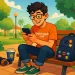 Geek lendo webtoons no celular em uma praça ensolarada, sorrindo e aproveitando o momento com mochila e fones ao lado