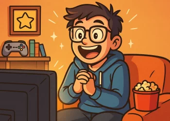 Pessoa geek feliz assistindo TV, representando a nostalgia em filmes e séries