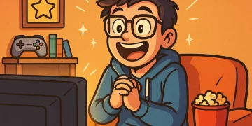 Pessoa geek feliz assistindo TV, representando a nostalgia em filmes e séries