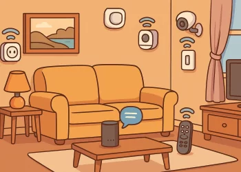 Ilustração estilo cartoon de uma sala automatizada com dispositivos inteligentes baratos, incluindo alto-falante, sensores e câmera de segurança
