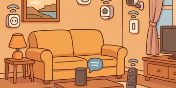 Ilustração estilo cartoon de uma sala automatizada com dispositivos inteligentes baratos, incluindo alto-falante, sensores e câmera de segurança