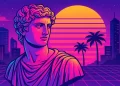Ilustração digital em estilo vaporwave com busto clássico, fundo neon, palmeiras e cidade futurista ao pôr do sol, refletindo tendências visuais da geração Z