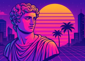 Ilustração digital em estilo vaporwave com busto clássico, fundo neon, palmeiras e cidade futurista ao pôr do sol, refletindo tendências visuais da geração Z