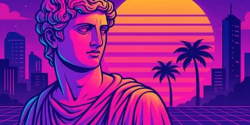 Ilustração digital em estilo vaporwave com busto clássico, fundo neon, palmeiras e cidade futurista ao pôr do sol, refletindo tendências visuais da geração Z
