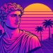 Ilustração digital em estilo vaporwave com busto clássico, fundo neon, palmeiras e cidade futurista ao pôr do sol, refletindo tendências visuais da geração Z
